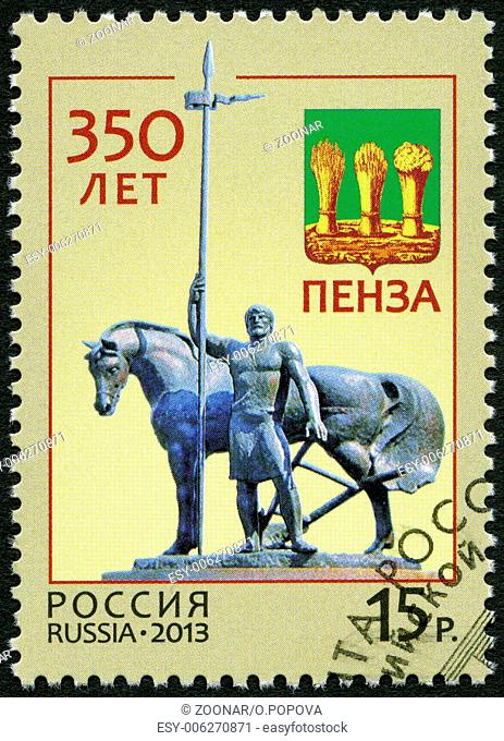 RUSSIA - 2013: shows First settler and Penza coat of arms, the 350th anniversary of Penza
