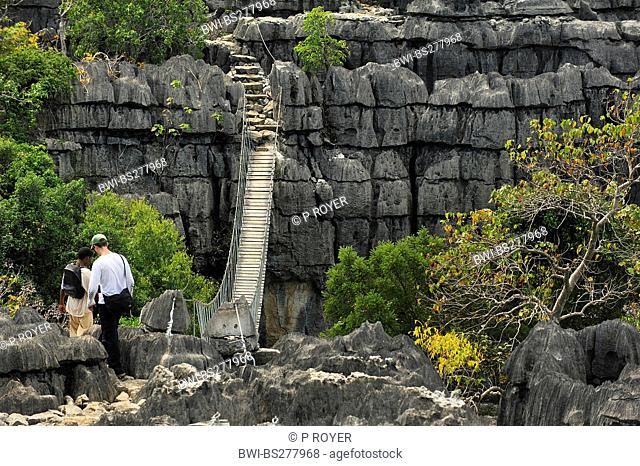 two hikers in front of plank bridge in rocky landscape, Madagascar, Ankarana National Park, Tsingy