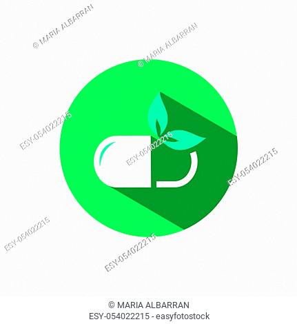Nature pill icon with shadow on a green circle. Flat color vector pharmacy illustration