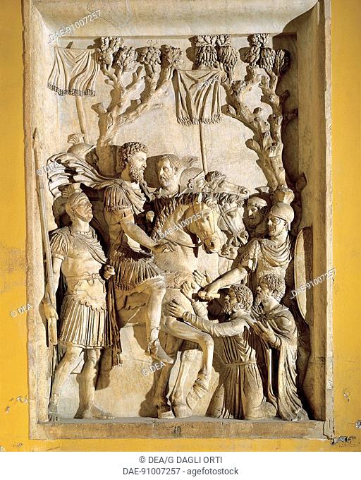 Roman civilization, 2nd century A.D. Relief representing Marcus Aurelius on horseback meeting defeated barbarians, 176-180 A.D