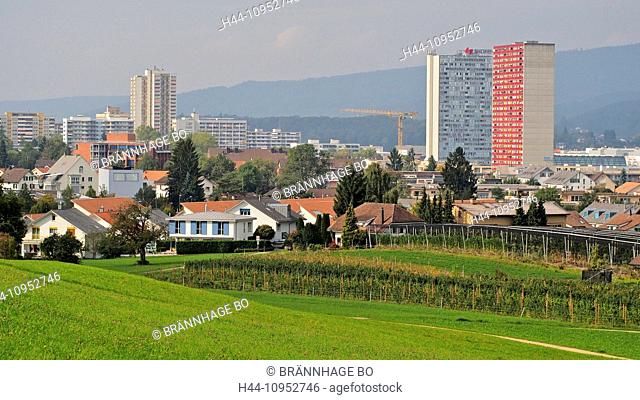 Aargau, Switzerland, agglomeration, autumn, blocks of flats, high-rise buildings, fruit-trees, shopping centre, Spreitenbach, houses, homes, meadow