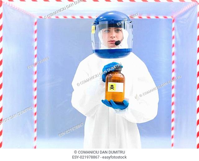 Person in a biohazard suit with a toxic substance