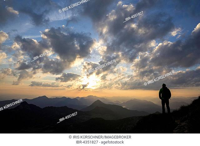 Hikers looking in the distance, sunrise at Krottenkopf, Ester Mountains, overlooking the Simetsberg, Herzogstand, Benediktenwand