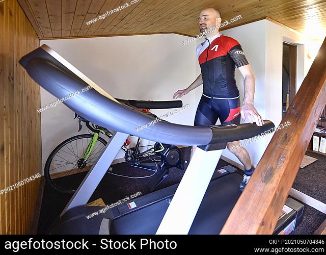 Blind cyclist Ondrej Zmeskal prepares for a training on May 7, 2021, in Novy Teleckov, Trebic region, Czech Republic. This year, as the first blind athlete