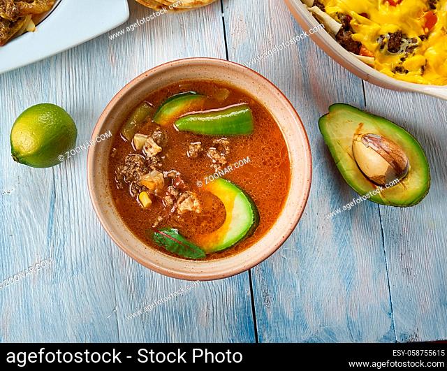Tex-Mex Ultimate Tater Soup, Tater Soup, Tex-Mex cuisine, Traditional assorted dishes, Top view