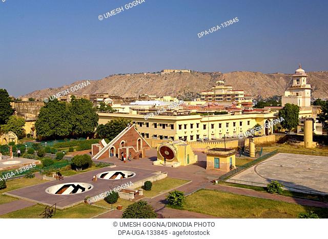 Aerial view of Jantar Mantar Observatory with City place in background ; Jaipur ; Rajasthan ; India