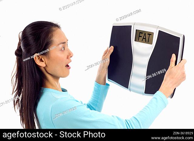 Asian woman looking surprised at her weight, Digital scale displaying the word
