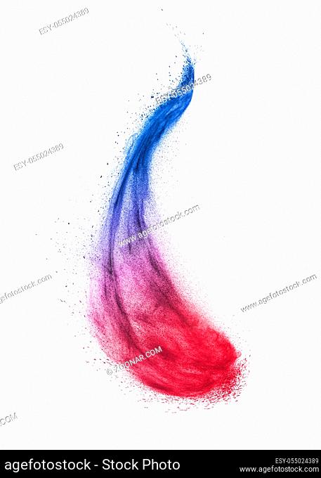 Decorative abstract powder burst or explosion in blue and violet colors in the shape of curved wave on a white background with copy space