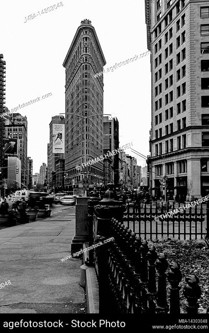 FLATIRON DISTRICT, New York City, NY, USA, Historic Flatiron or Fuller Building, a 22 Story triangular shaped steel framed Landmark located in Manhattan's Fifth...