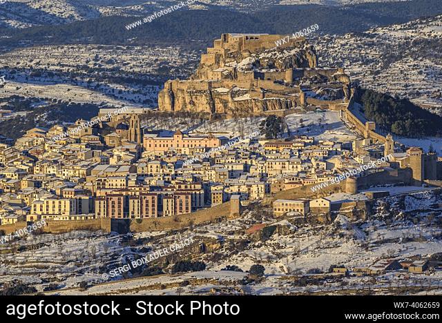 Morella medieval city in a winter sunrise, after a snowfall (Castellón province, Valencian Community, Spain)
