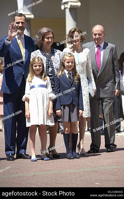 King Felipe VI of Spain, Queen Letizia of Spain, Princess Leonor, Princess Sofia, King Juan Carlos, Queen Sofia pose for the photographers after the First...