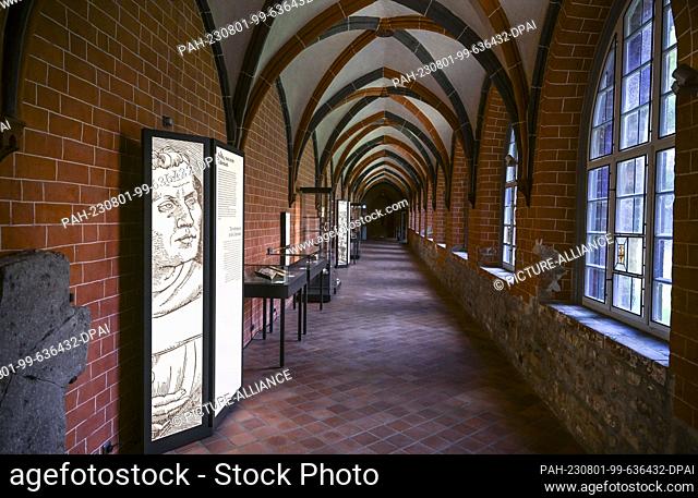 PRODUCTION - 20 July 2023, Brandenburg, Prenzlau: View of the cloister of the former Dominican monastery in Prenzlau with its permanent exhibition