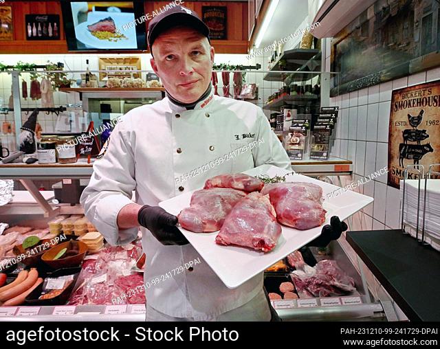 PRODUCTION - 08 December 2023, North Rhine-Westphalia, Essen: Jürgen Bickert, master butcher and certified ""meat sommelier""