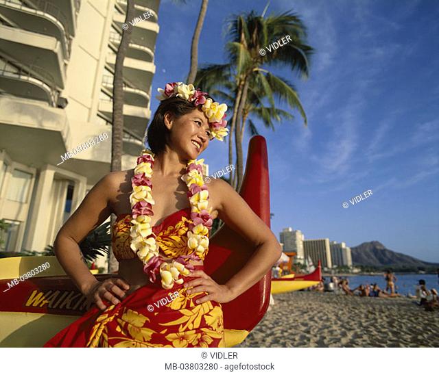 USA, Hawaii, island Oahu, Honolulu, Waikiki Beach, woman, Hawaiianerin, quietly Polynesia, Hawaii islands, destination, destination, sandy beach, palms, sea