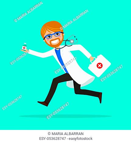 Emergency male doctor running to help with medicines. Hospital scene. Professional with stethoscope and briefcase. Vector illustration