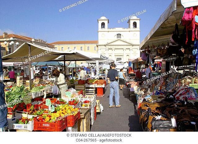 Market at Duomo (cathedral) Square. L'Aquila, Abruzzi. Italy