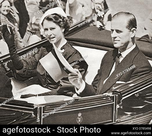EDITORIAL ONLY Queen Elizabeth II and the Duke of Edinburgh, seen here in 1952 at her first Royal Ascot after becoming queen