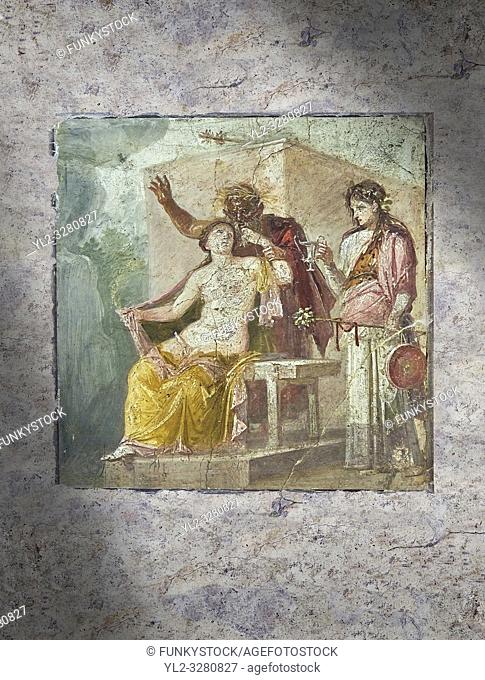 A Roman erotic fresco painting from Pompeii depicting Satyr caressing Hermaphrodite, Naples National Archaeological from the tablium of the Casa di Epidio...