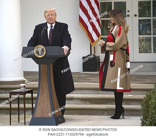 United States President Donald J. Trump makes remarks as he and First Lady Melania Trump, right, host the National Thanksgiving Turkey Pardoning Ceremony in the...