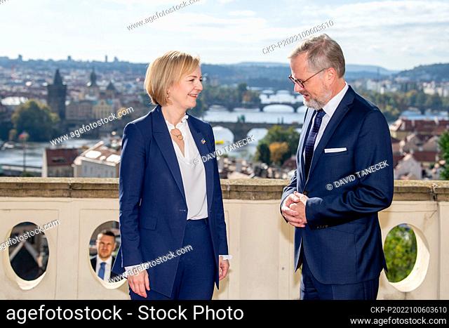 Czech Prime Minister Petr Fiala, right, meets British PM Liz Truss, left, in the Kramar Villa in Prague, Czech Republic, on October 6, 2022