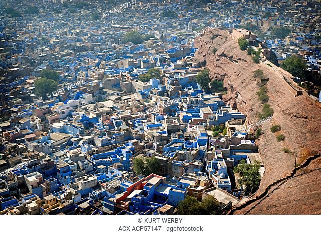 Looking down on the 'Blue City' Jodhpur from Mehrangarh Fort, Rajasthan State, India