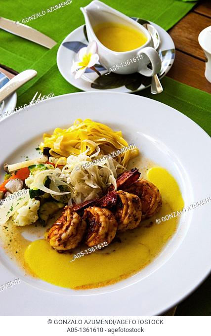 Grilled Tiger Prawns with fennel sauce, mixed mushrooms and sauted vegetables  Mandarin Oriental Hotel, Silom District, Bangkok, Thailand, Southeast Asia, Asia