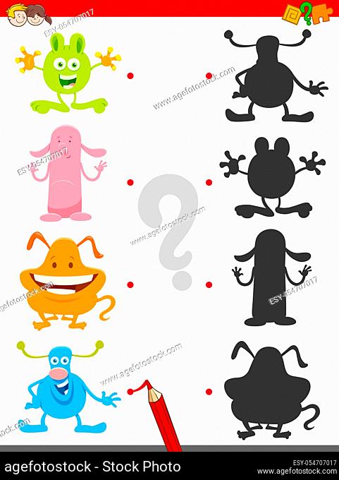 Cartoon Illustration of Join the Right Shadows with Pictures Educational Game for Children with Cute Monsters Characters