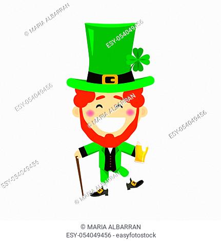 Saint Patricks day with boy in traditional dress and headgear. Ireland celebration festival irish and lucky theme. Flat vector illustration