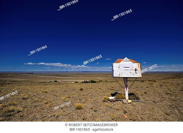 Mailbox in front of a dark blue sky, Monte Leon National Park, Rio Gallegos, Patagonia, Argentina, South America