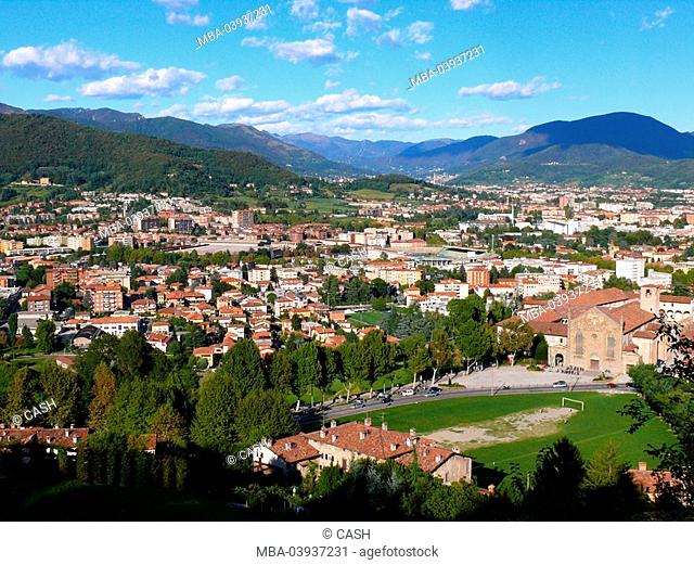 Italy, Lombardy, Bergamo, city view, mountain scenery, houses, residences, church, sight, destination, tourism