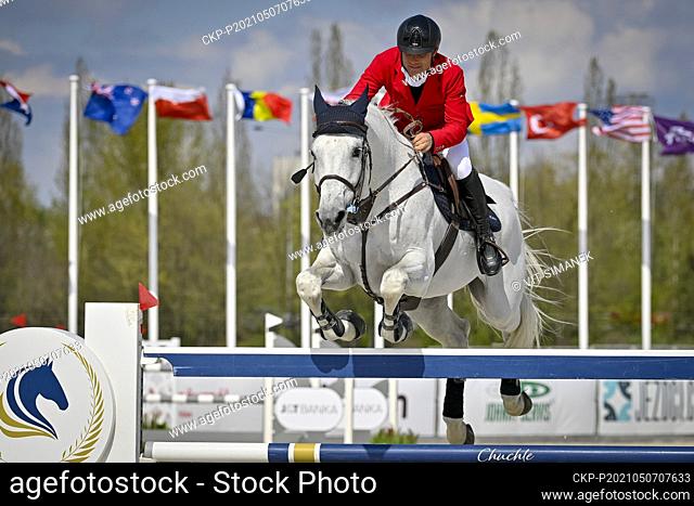 Czech Ondrej Zvara and horse Cento Lano compete during the equestrian CET Prague Cup, CSIO, in Prague, Czech Republic, on Friday, May 7, 2021