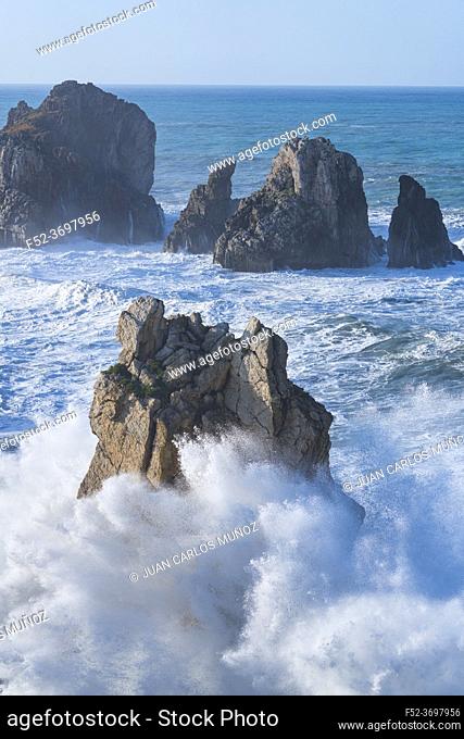 Dusk and waves in the Cantabrian Sea in the surroundings of Costa Quebrada in the Los Urros de Liencres area in the Municipality of Piélagos in the Autonomous...