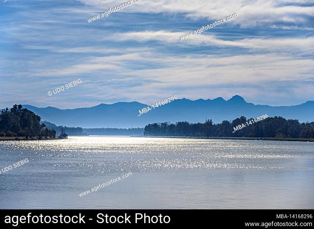 germany, bavaria, upper bavaria, district of rosenheim, schechen, view over the inn to the mangfall mountains with the wendelstein massif