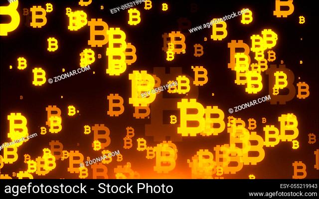 Many gold bitcoin symbols are in space, business 3d rendering background, golden internet backdrop