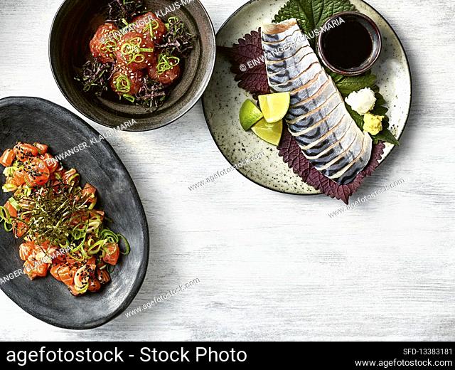 Tuna tartar, marinated salmon and marinated mackerel (Japan)