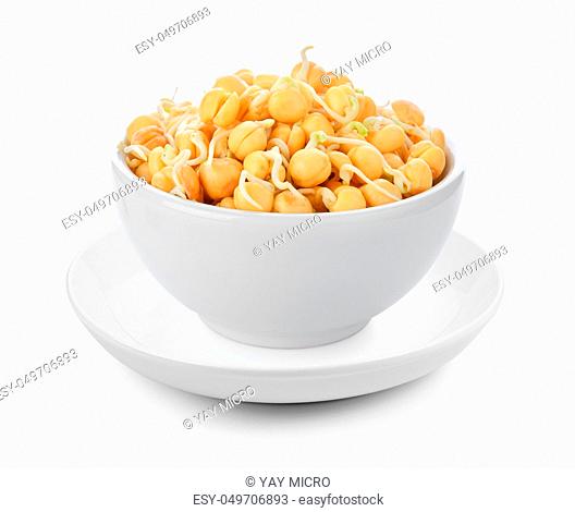Germinated chickpeas in a bowl on white background