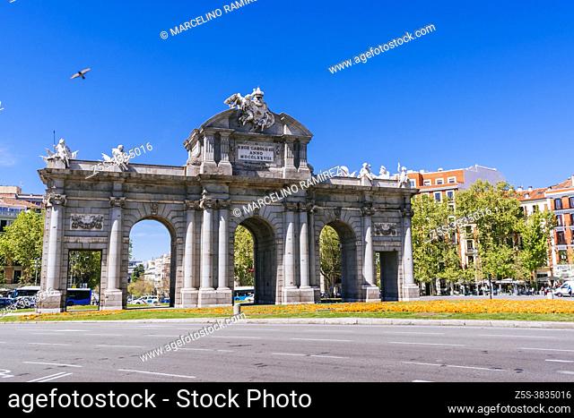 East side. The Puerta de Alcalá is one of the five old royal gates that gave access to the city of Madrid, is a Neo-classical gate in the Plaza de la...