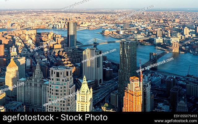 Panoramic High Angle view landscape of New York downtown and brooklyn cityscape of Brooklyn bridge Manhattan bridge and Williamsburg bridge in New York City