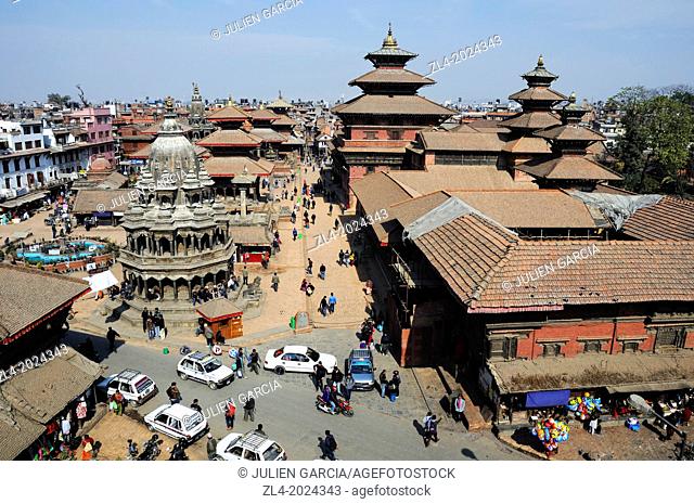 Patan Durbar Square during a winter morning, from above. Nepal, Kathmandu, Patan, Durbar Square