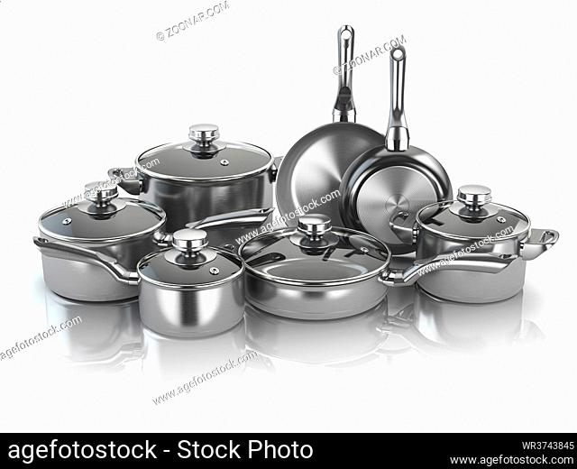 Pots and pans. Set of cooking stainless steel kitchen utensils and cookware. 3d illustration