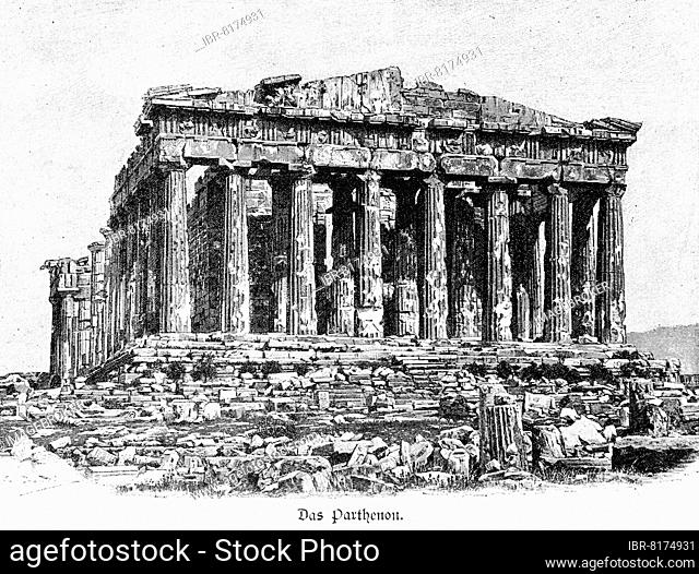 Parthenon, temple, Doric, ruin, columns, steps, BC, historical illustration 1897, Athens, Greece, Europe