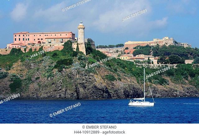 Italy, Elba, Elba island, Toscana, Portoferraio, sea, boats, Forte Stella, lighthouse