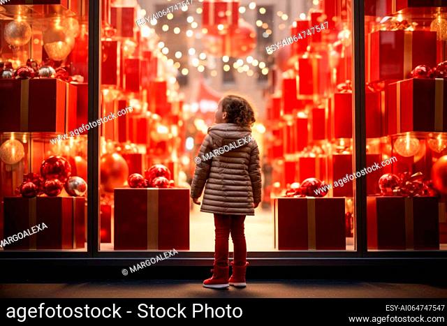 little girl looking through a display window at Christmas decorations and gifts in a store, Generative AI