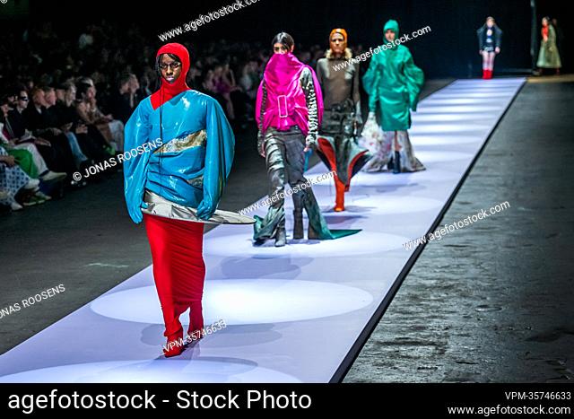 Models show items of the second bachelor year during the end of year fashion show showcasing the creations of students from the bachelor's and master's degree...