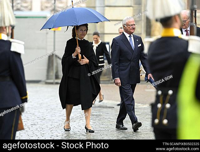 Queen Silvia and King Carl XVI Gustaf arrive at Storkyrkan for the opening of the Riksdag session in Stockholm, Sweden, September 27, 2022