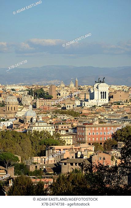 Rome. Italy. View across the city towards Piazza Venezia from Piazza Garibaldi on the Gianicolo hill