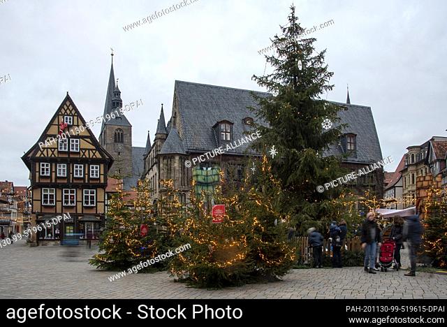 29 November 2020, Saxony-Anhalt, Quedlinburg: On the Quedlinburg market place Christmas trees create an Advent atmosphere