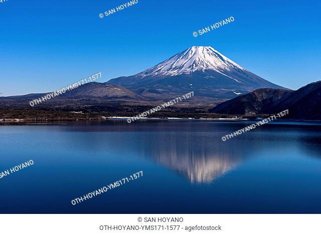 Mt. Fuji from Lake Motosu in freezing winter, Fujikawaguchiko town, Yamanashi prefecture, Japan