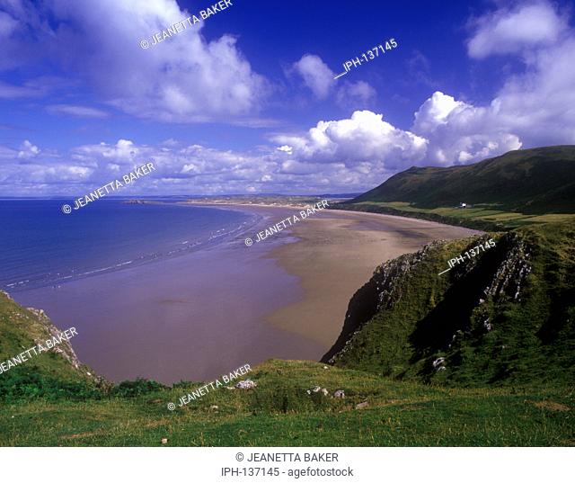 The sandy beach on Rhossili Bay at low tide