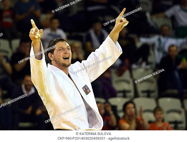 Czech judoka Lukas Krpalek celebrates a victory in the +100 category during the European Open judo tournament in Prague, Czech Republic, March 2, 2014